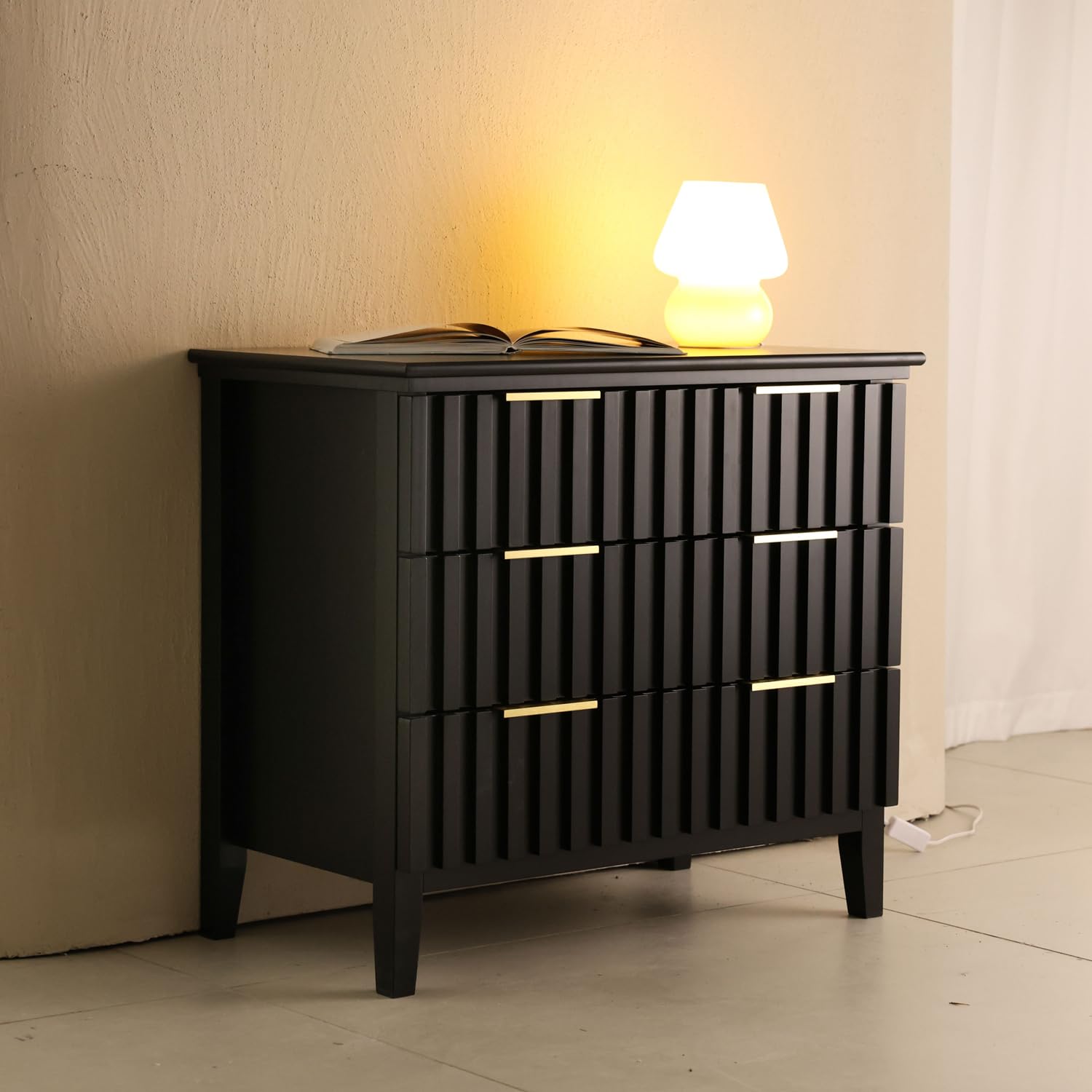 3 Drawer Dresser with Fluted Front and Golden Handles