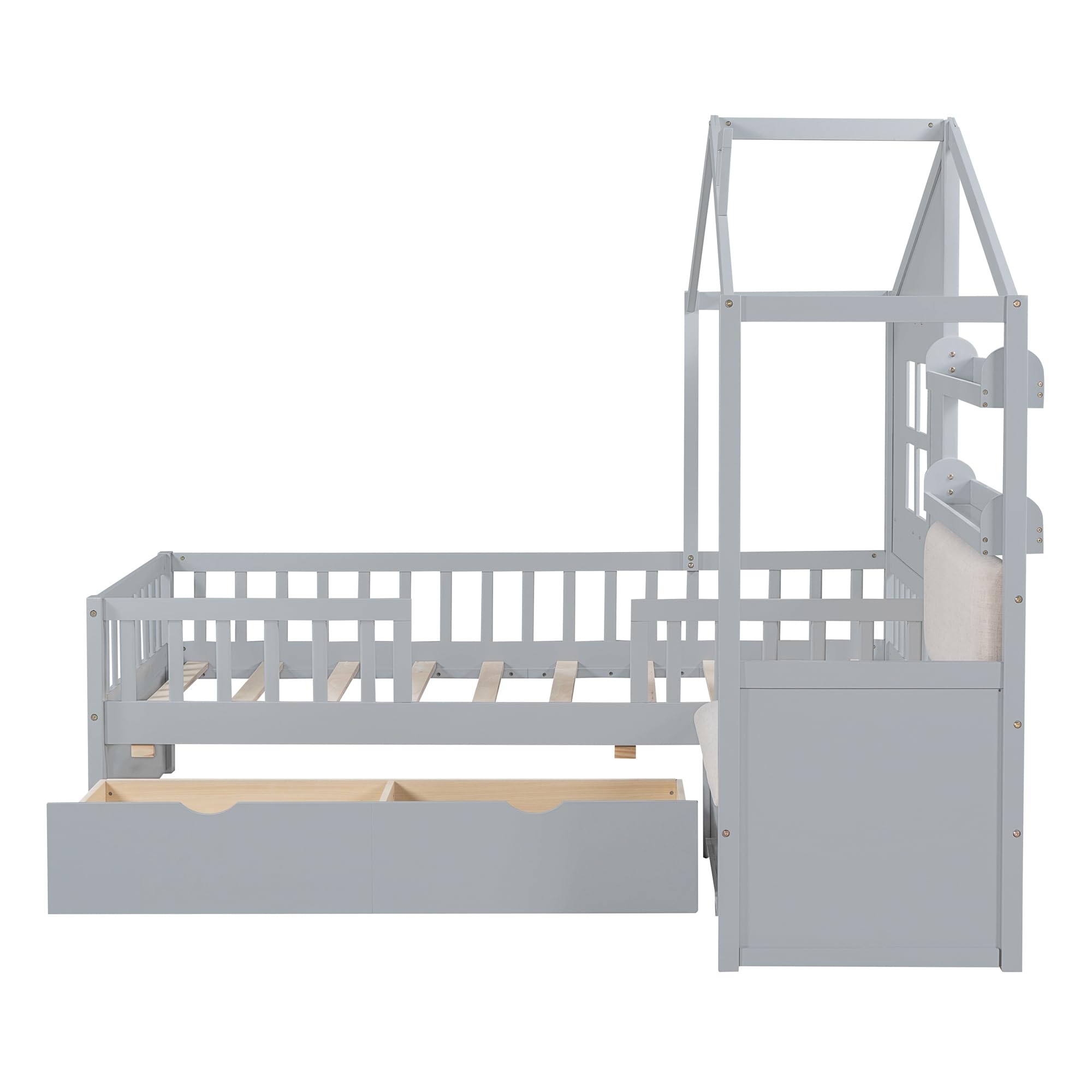 Twin House Bed Frame with Upholstered Sofa and Storage