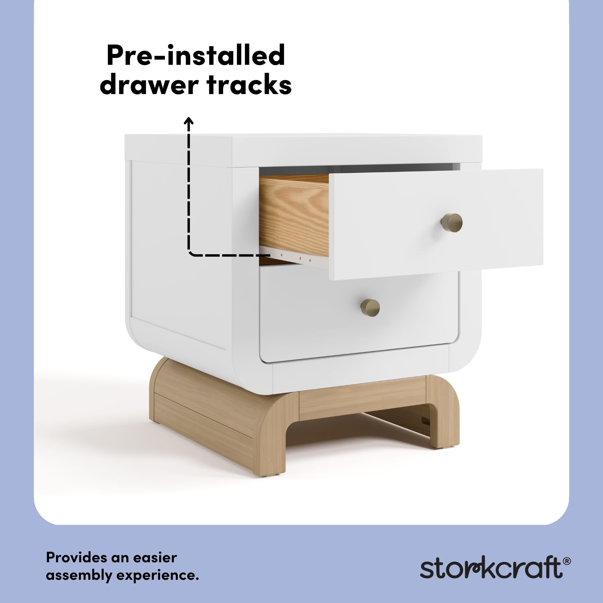 Storkcraft Santorini 2 Drawer Nightstand (White & Driftwood) - GREENGUARD Gold Certified Nightstand for Kids Bedroom, Premium Wood with Curved Base, “Champagne” Metal Knobs