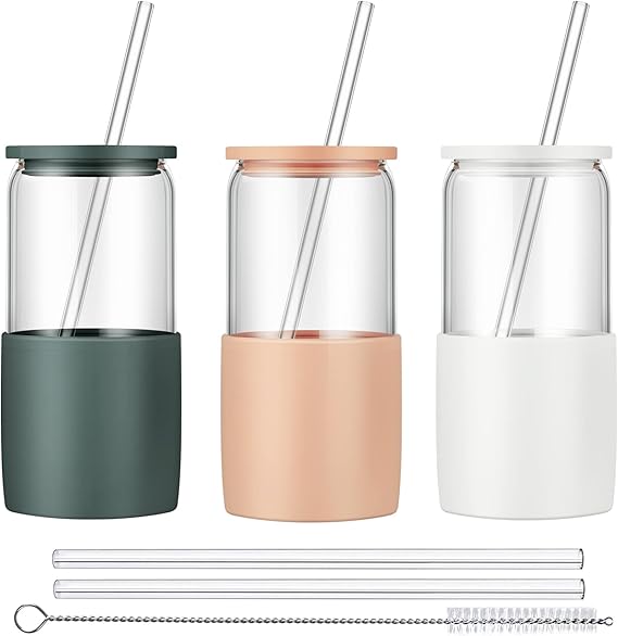 Glass Tumbler with Straw and Lid, 16oz Ice Coffee Cup, Silicone Sleeve Cleaning Brushes