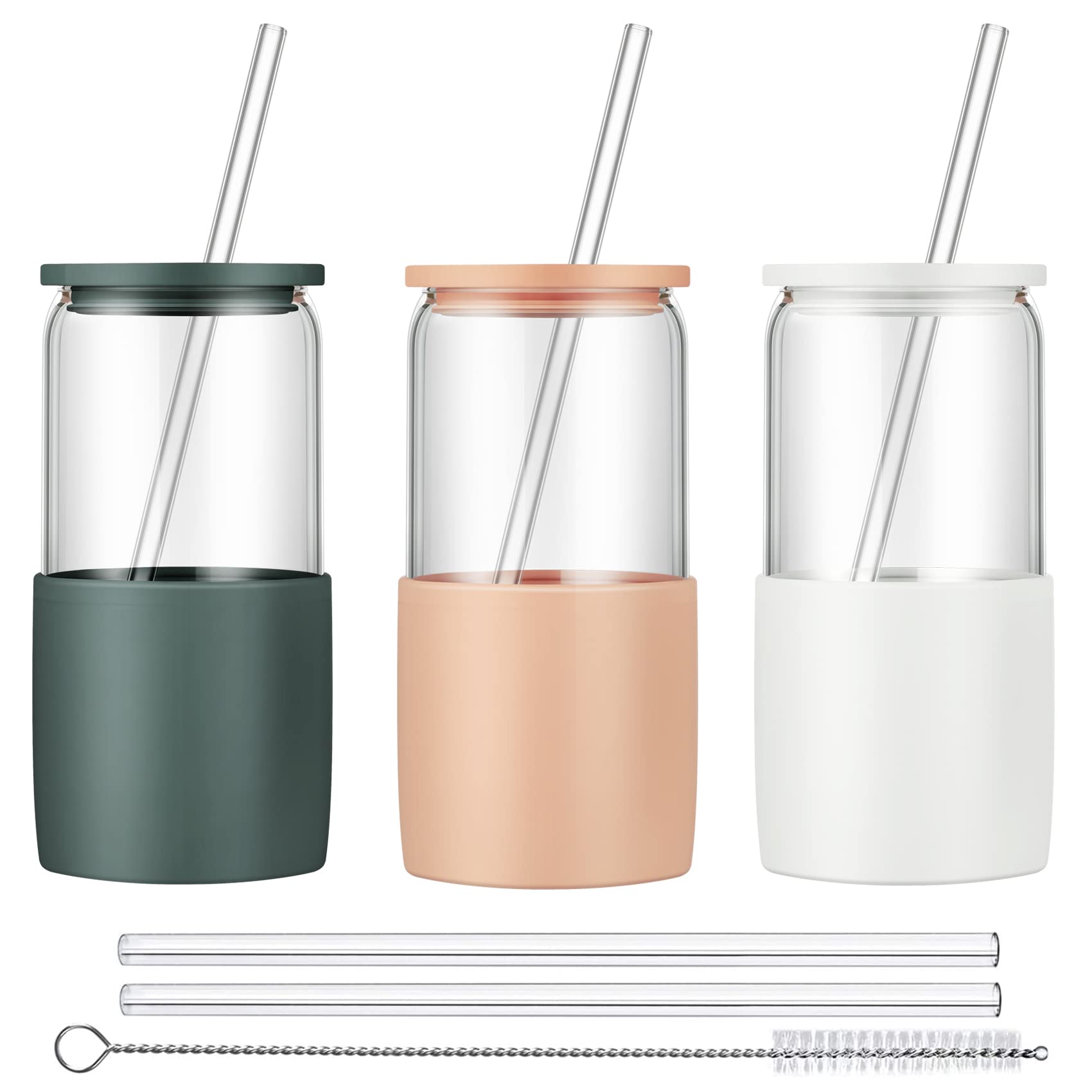 Glass Tumbler with Straw and Lid, 16oz Ice Coffee Cup, Silicone Sleeve Cleaning Brushes