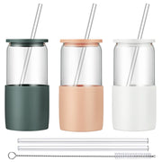 Glass Tumbler with Straw and Lid, 16oz Ice Coffee Cup, Silicone Sleeve Cleaning Brushes