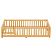 Twin Floor Bed with Slats and Door, Twin Size Montessori Floor Bed with Fence