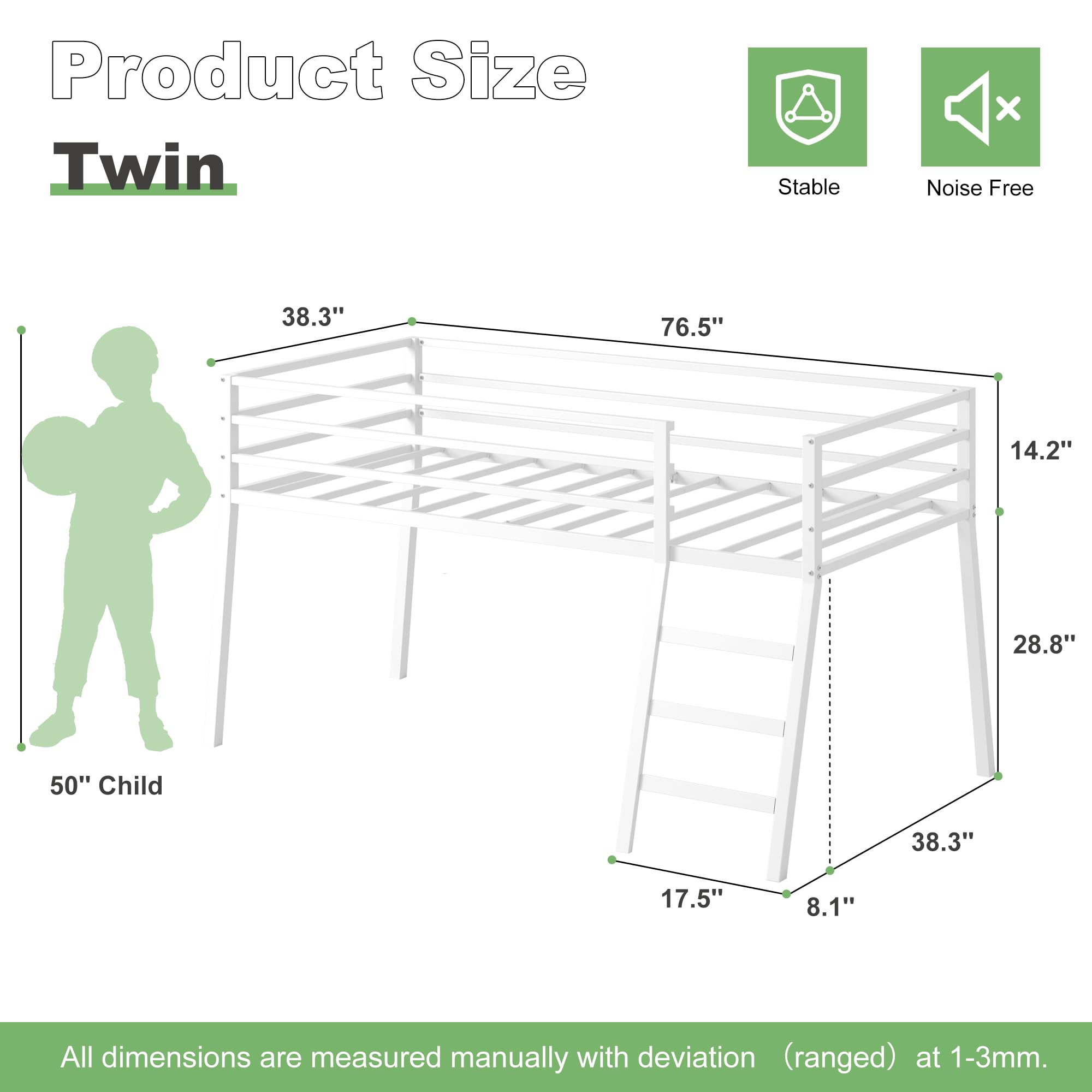 Twin Metal Loft Bed with Stairs and Safety Guardrails