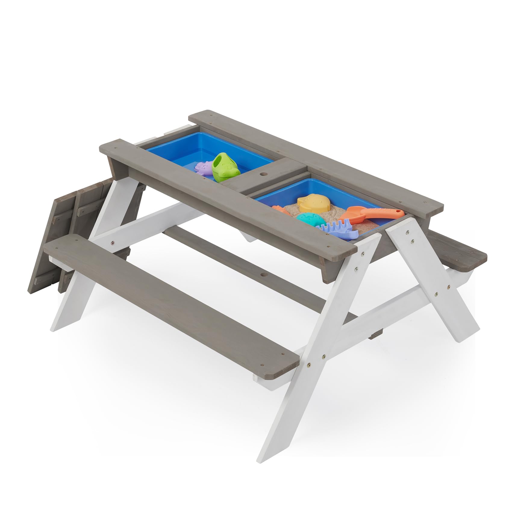 Kids Picnic Table with Umbrella, 3 in 1 Convertitable Sand and Water Table, 2 Play Boxes and Removable Lid, Picnic Tables for Outdoor Backyard Patio Play