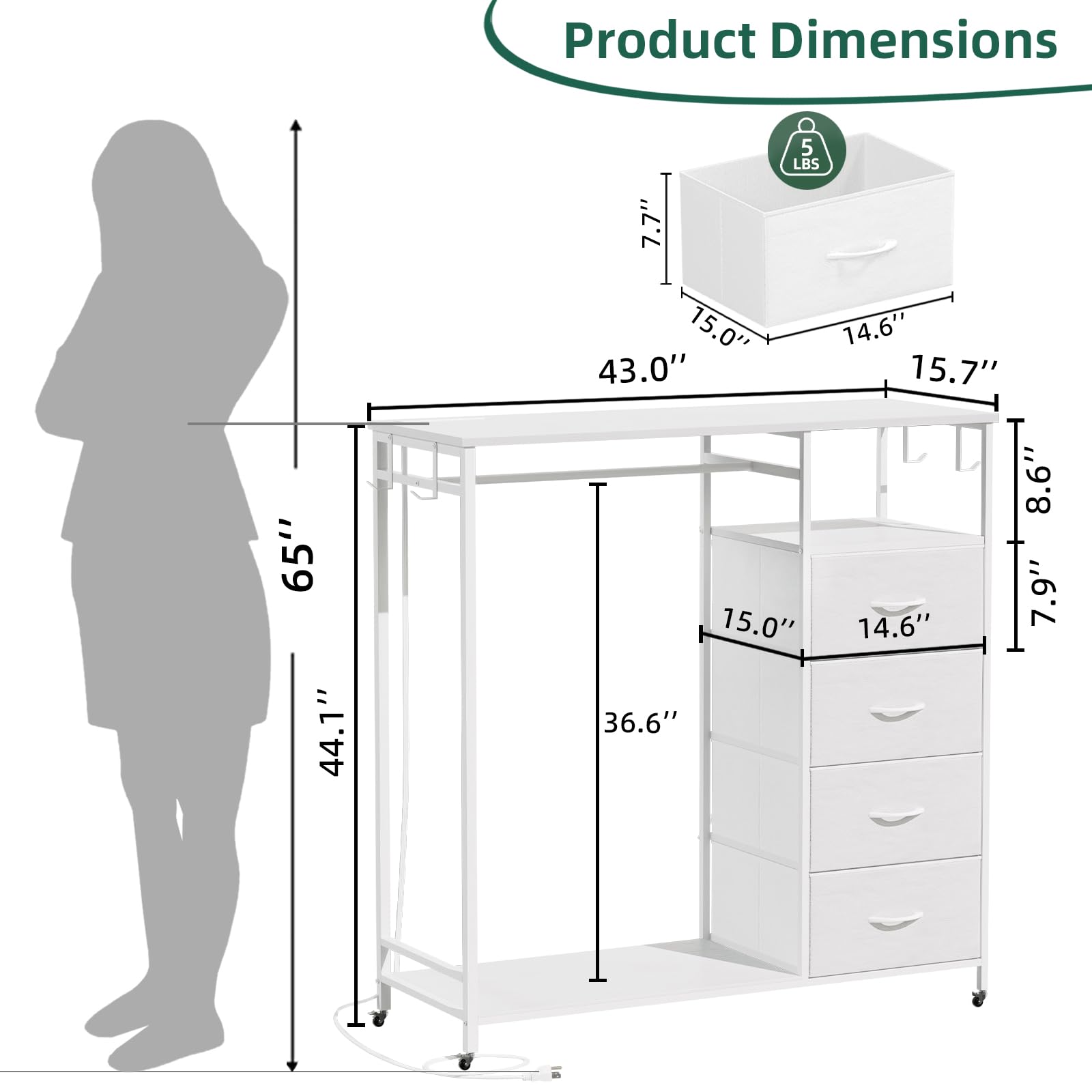 Tall Dresser with Clothes Rack LED Lights and Charging Station