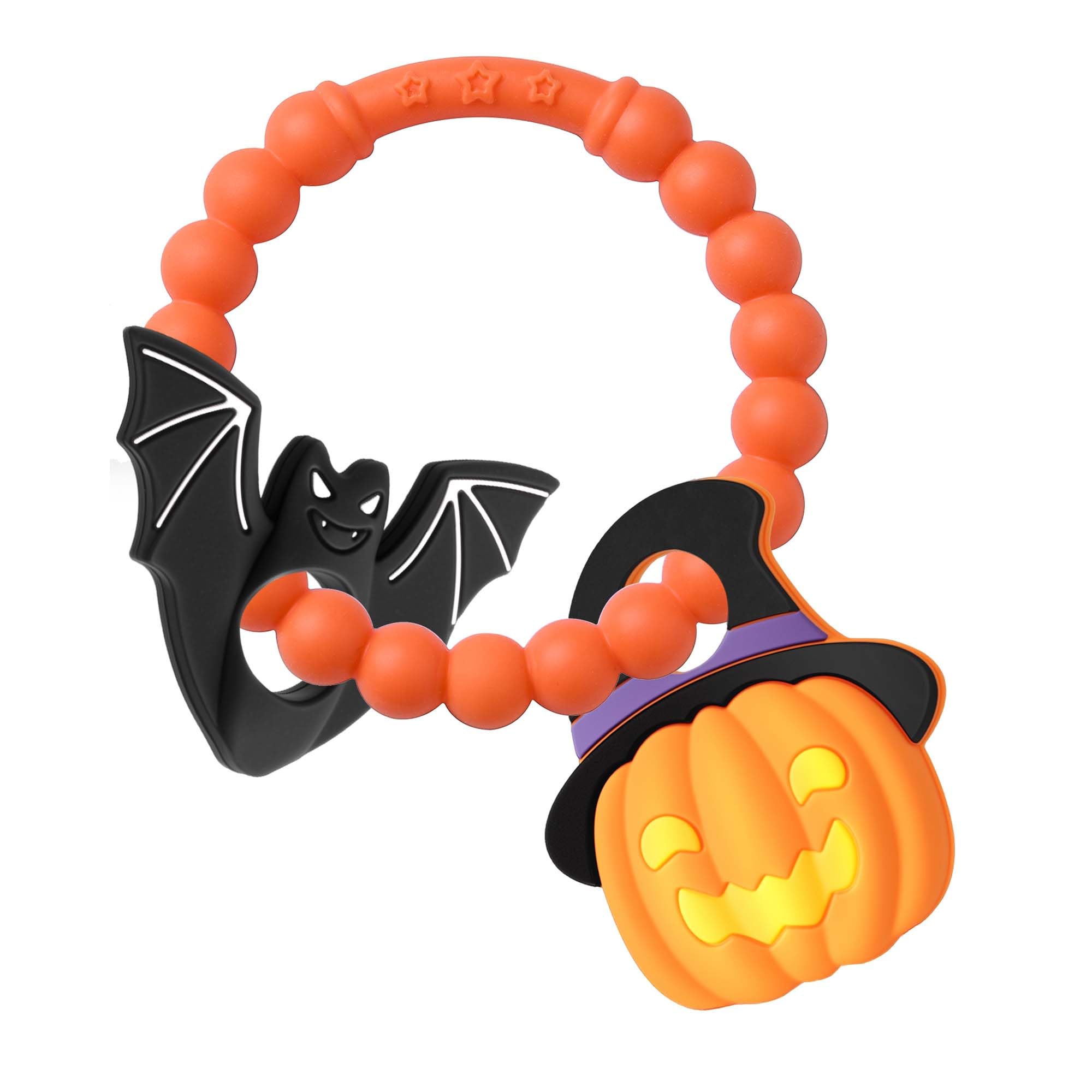 Halloween Baby Teether,Baby Teething Toys Boo Basket Stuffers,Pumkin & Bat Teether