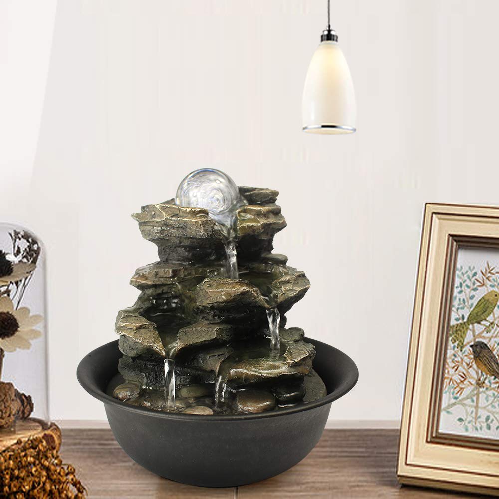 Spinning Orb Rock Cascading Tabletop Fountain, Zen Meditation Indoor