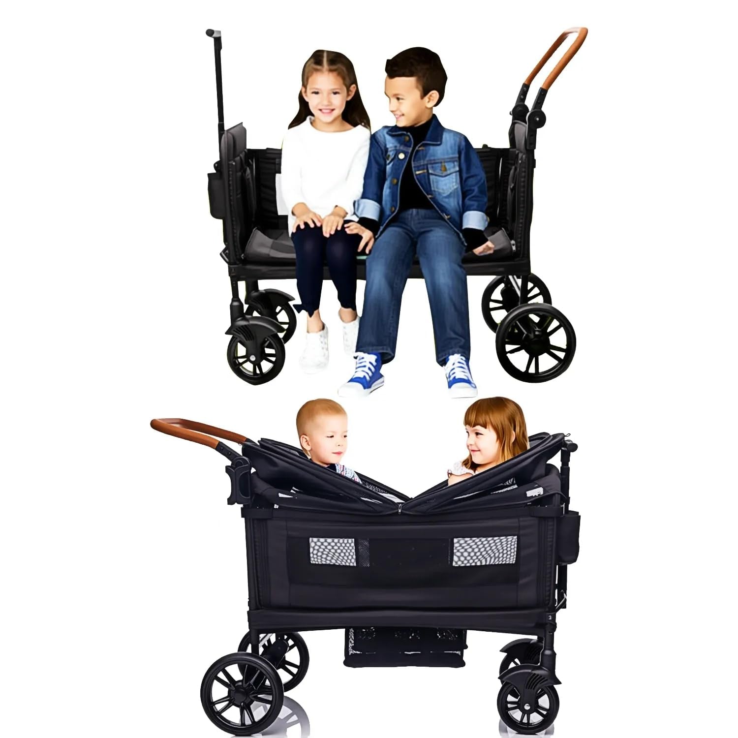 Wagon Stroller for 2 Kids & Cargo-Travel Stroller Push-Pull Double Wagon Lightweight