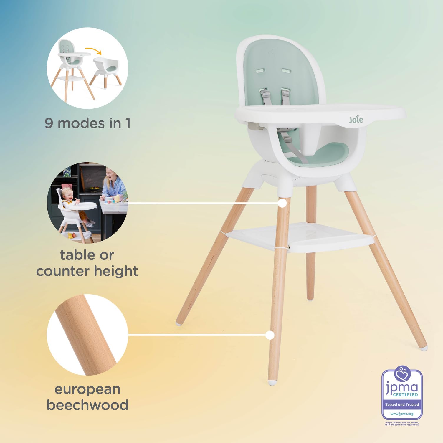 Multi-Mode Wooden Highchair - European Beech Wood Convertible Chair