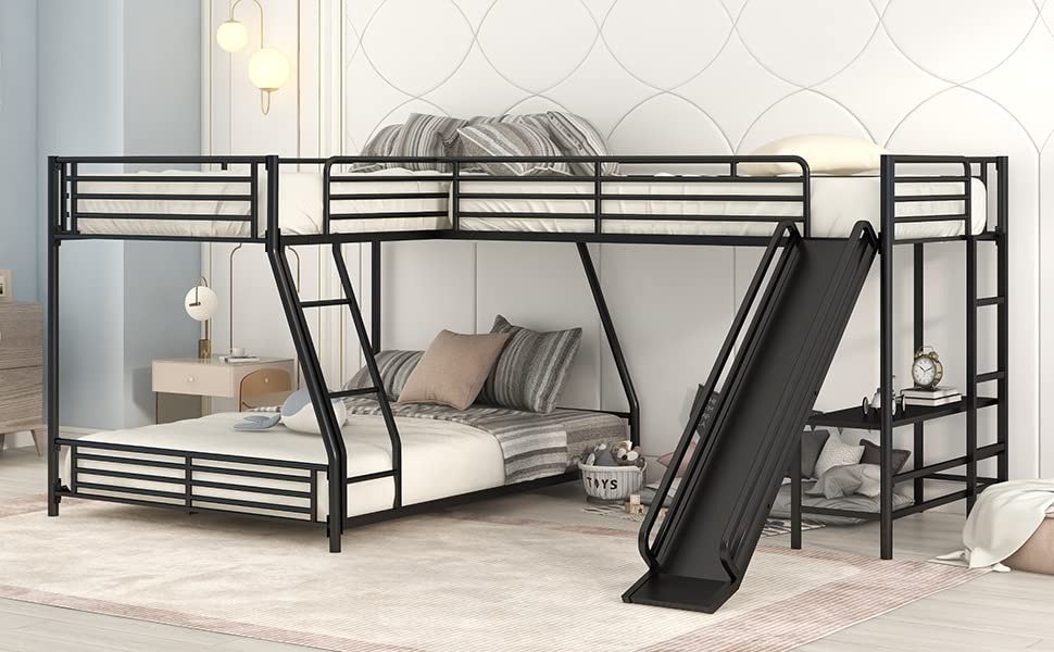 L-Shaped Triple Bunk Bed with Desk and Slide - Twin Over Full with Twin Loft