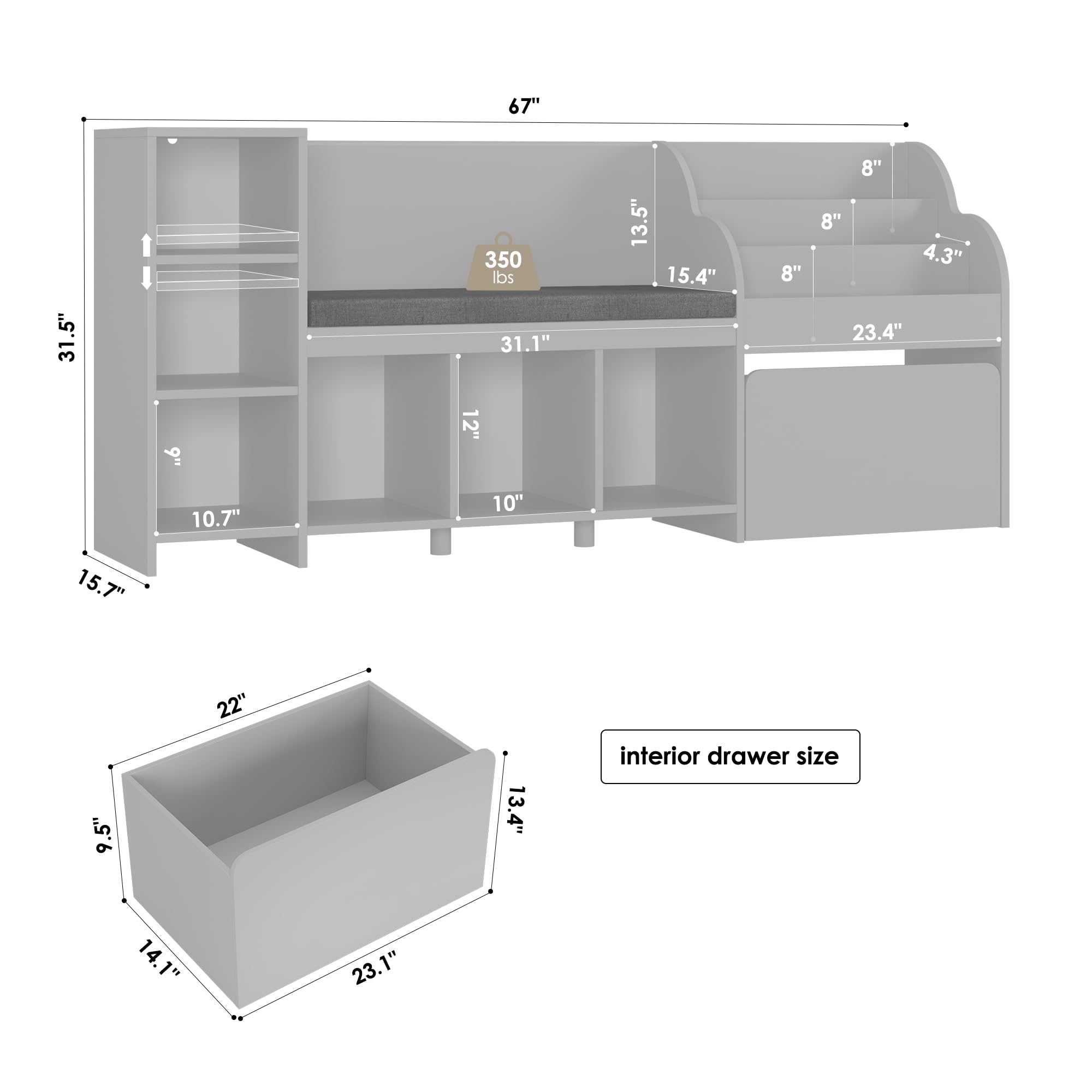 Kids Reading Nook with Bench and Toy Storage Organizer