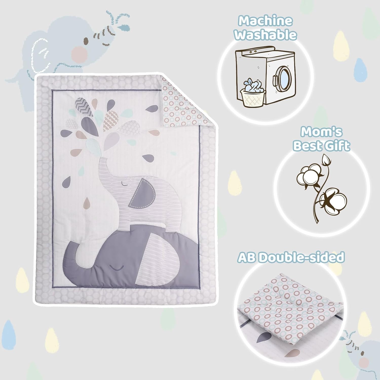 Elephant Crib Bedding Set for Boys Gray 3 Piece