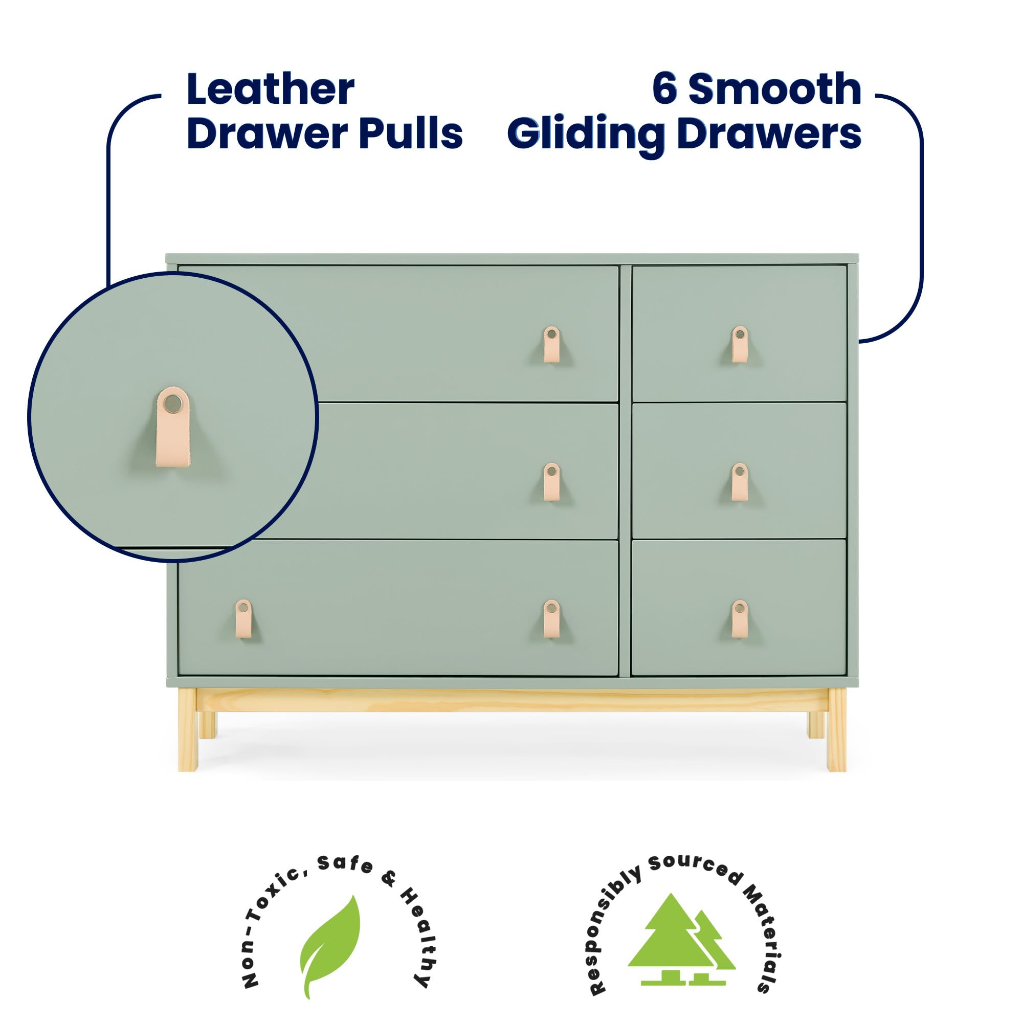 6 Drawer Dresser with Leather Pulls and Interlocking Drawers