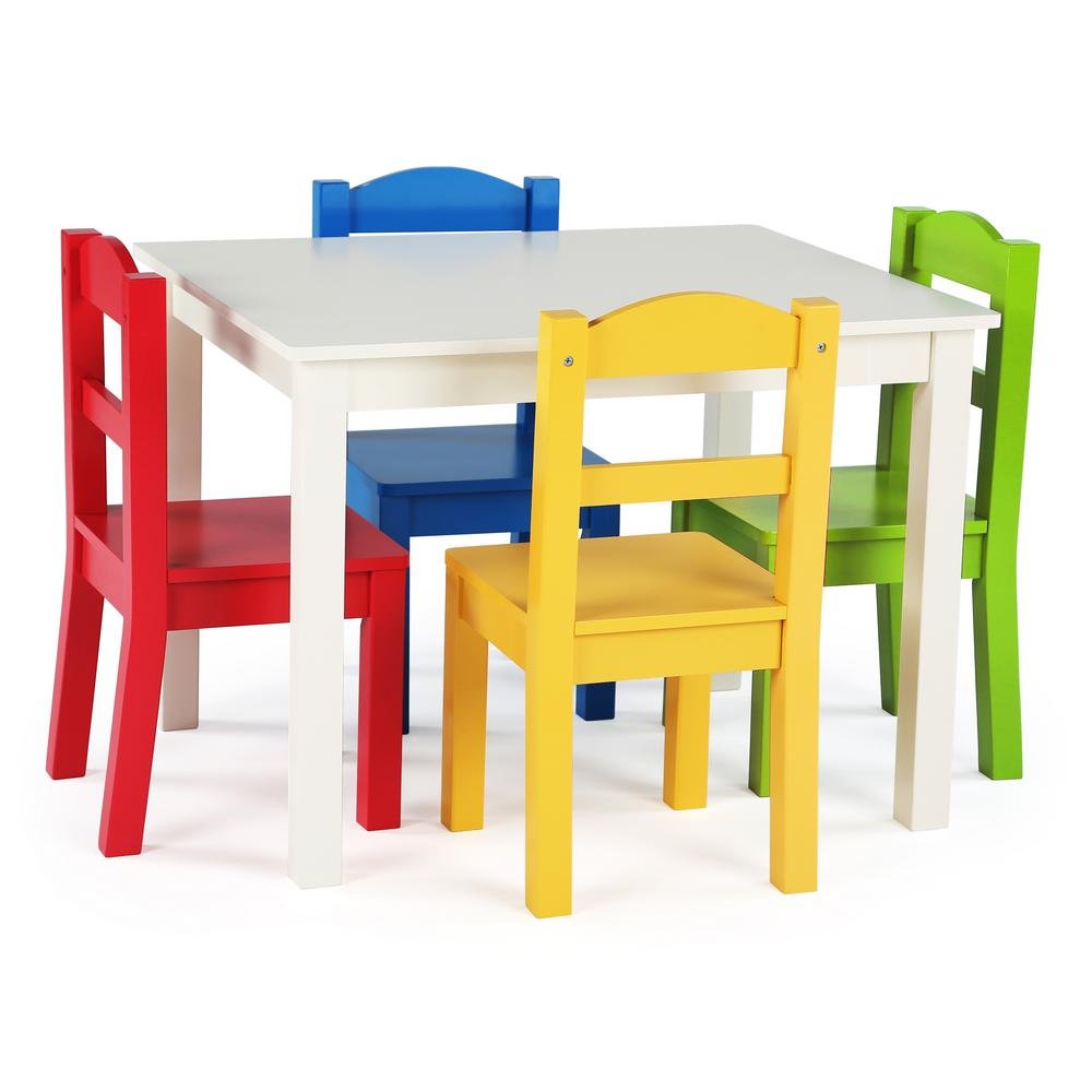 Kids Wooden Table and 4 Chairs Set, White/Primary - Kids Table and Chair