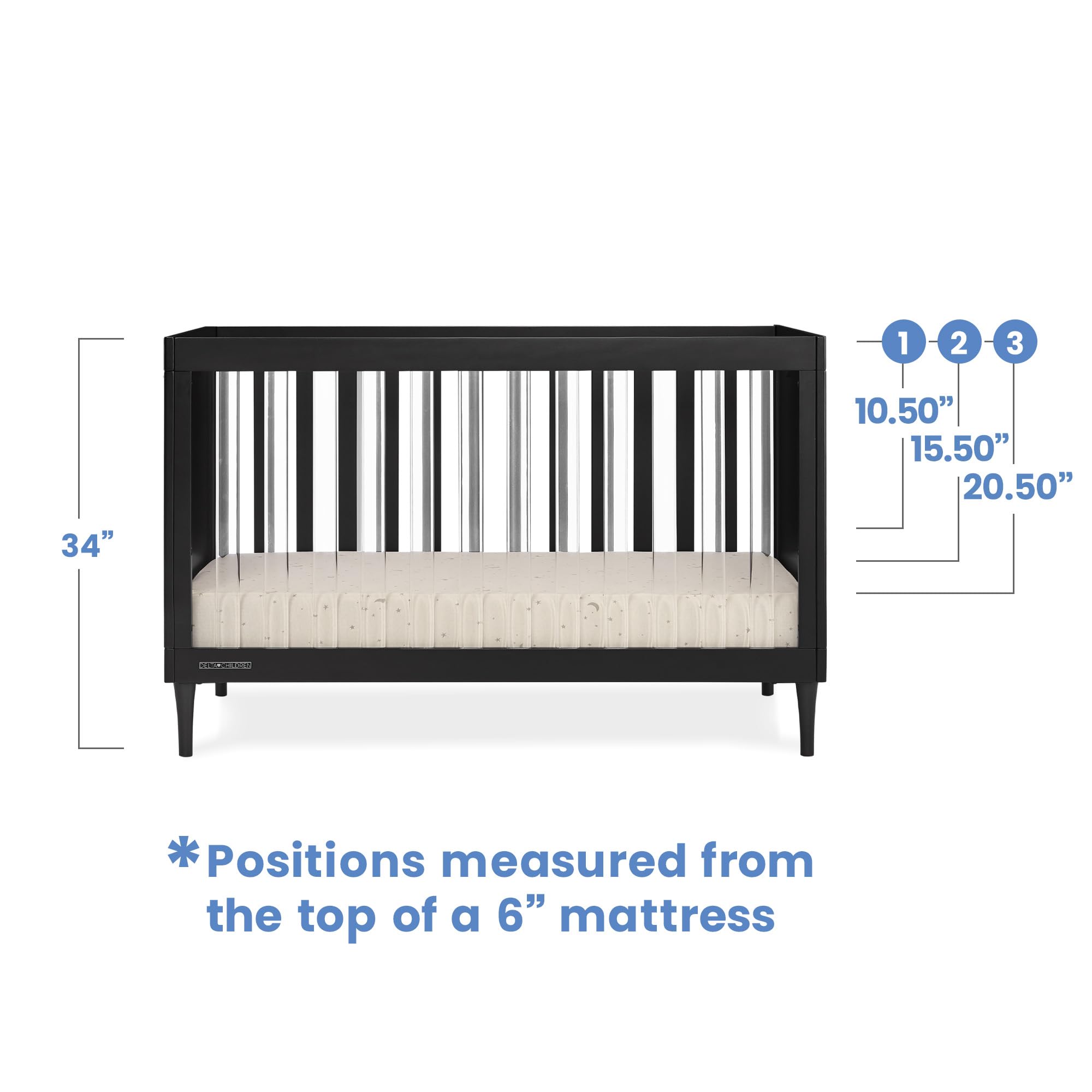 4-in-1 Convertible Acrylic Crib with Adjustable Mattress Heights