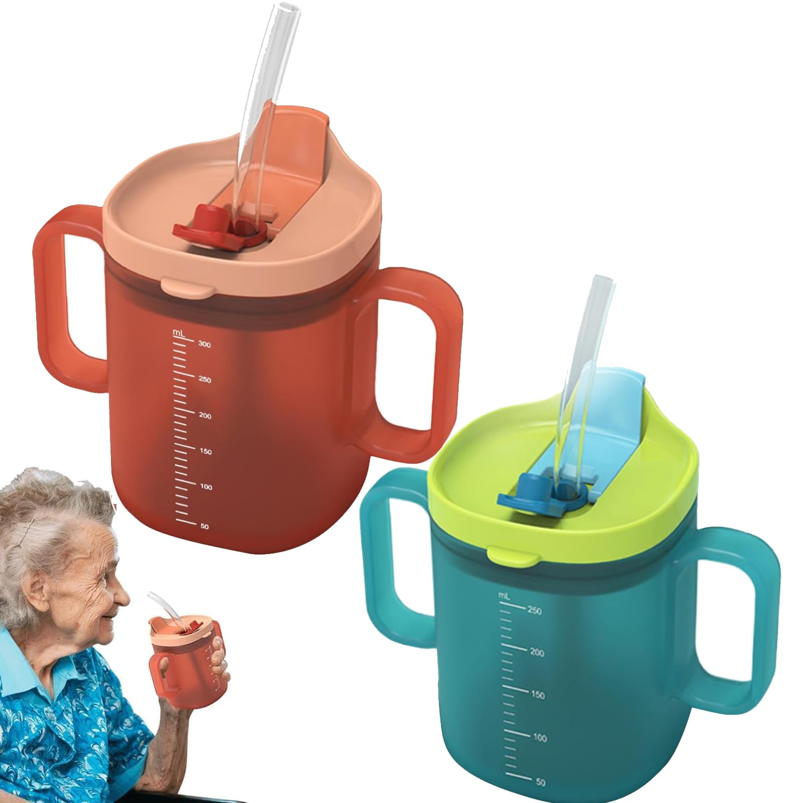Adult Sippy Cups for Elderly 2 Handles Straw Cups 300ml No Spill Cup for Adults