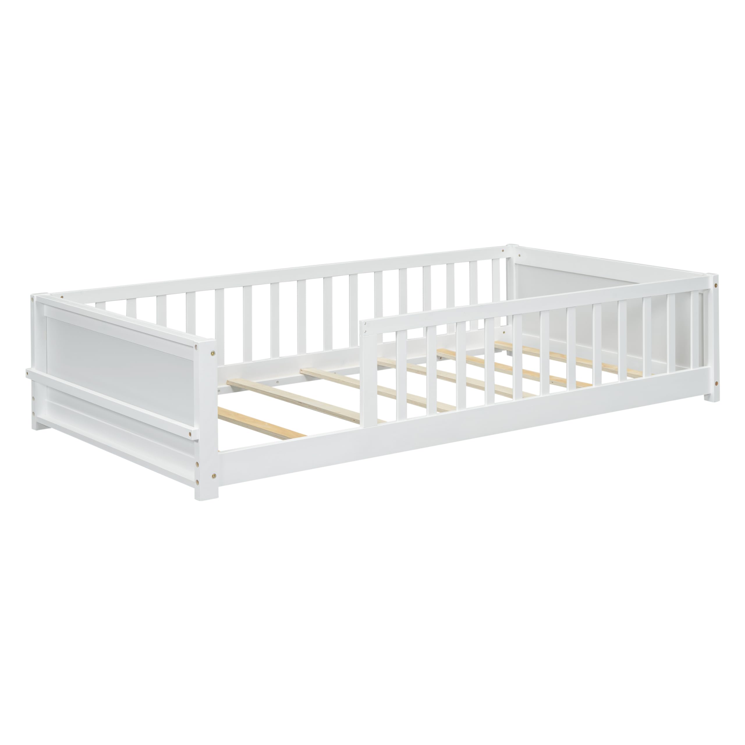 Twin Montessori Floor Bed with Book Storage and Safety Guardrails