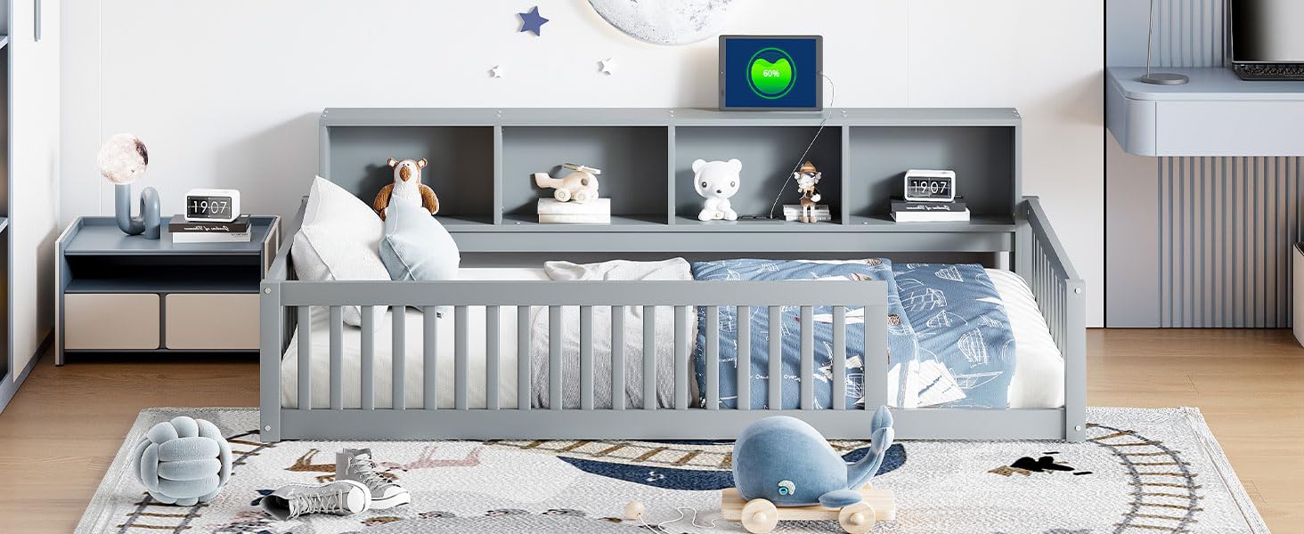 Twin Floor Bed with Storage and Safety Rails for Kids