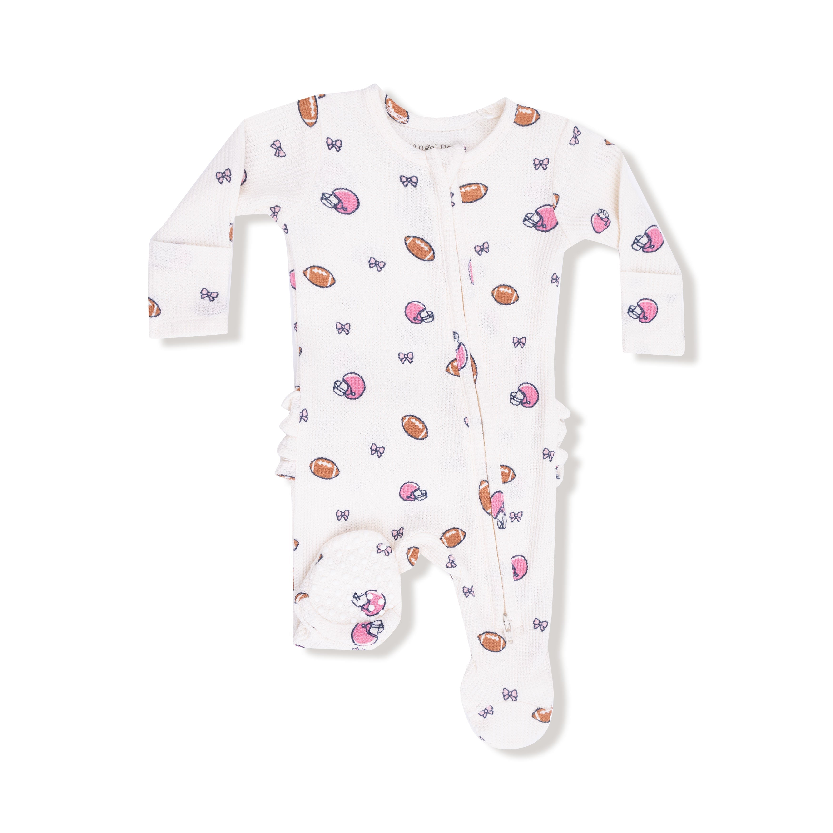 Footballs and Bows - 2 Way Zipper Ruffle Back Footie