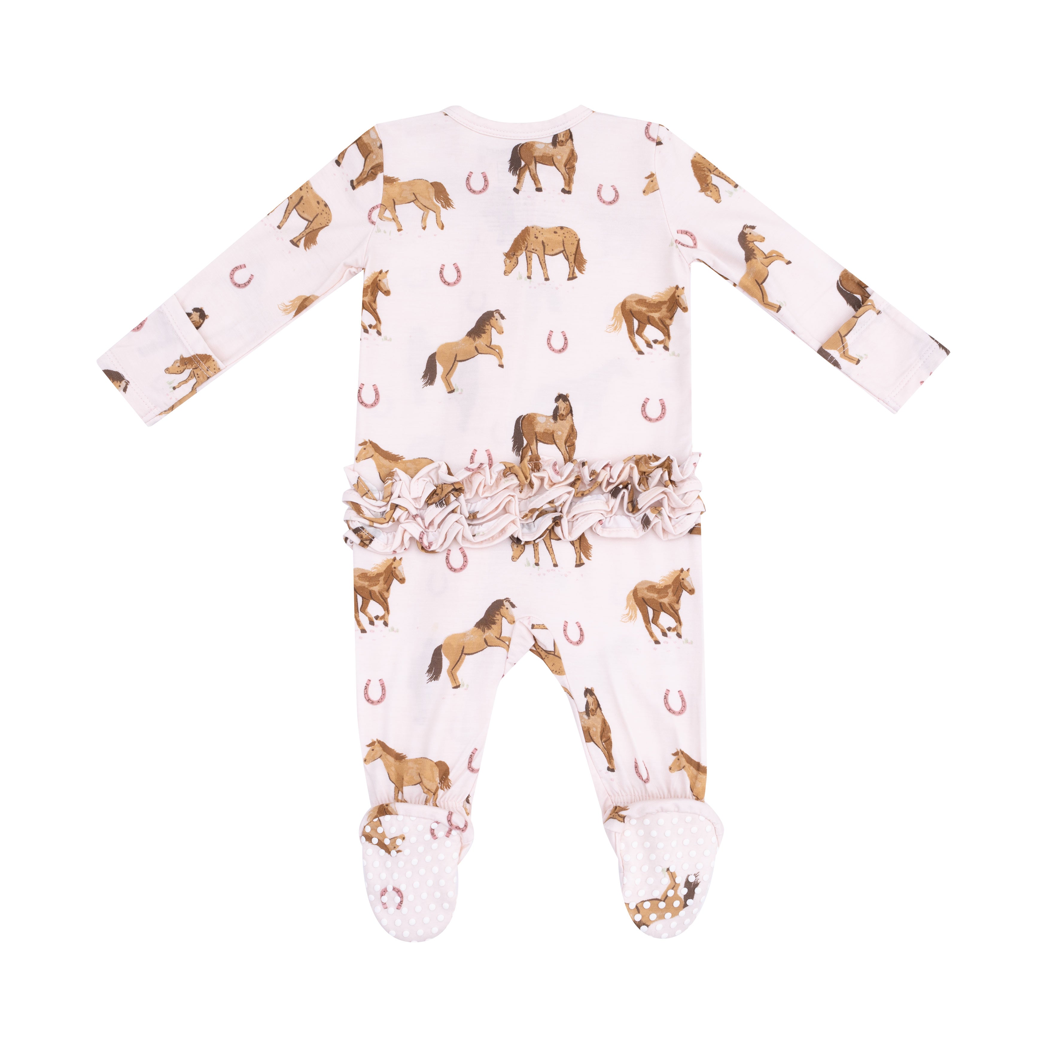 Horses - Pink - 2 Way Zipper Ruffle Back Footie
