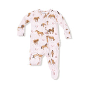 Horses - Pink - 2 Way Zipper Ruffle Back Footie