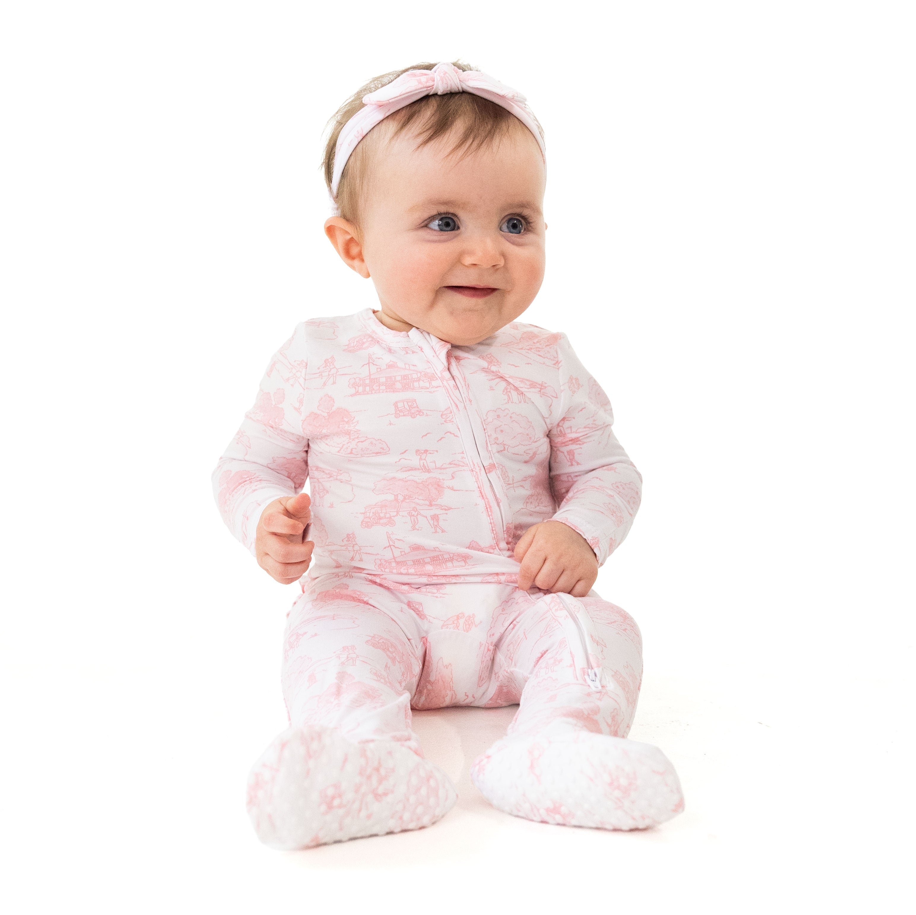 Golf Toile Pink - 2 Way Ruffle Back Zipper Footie