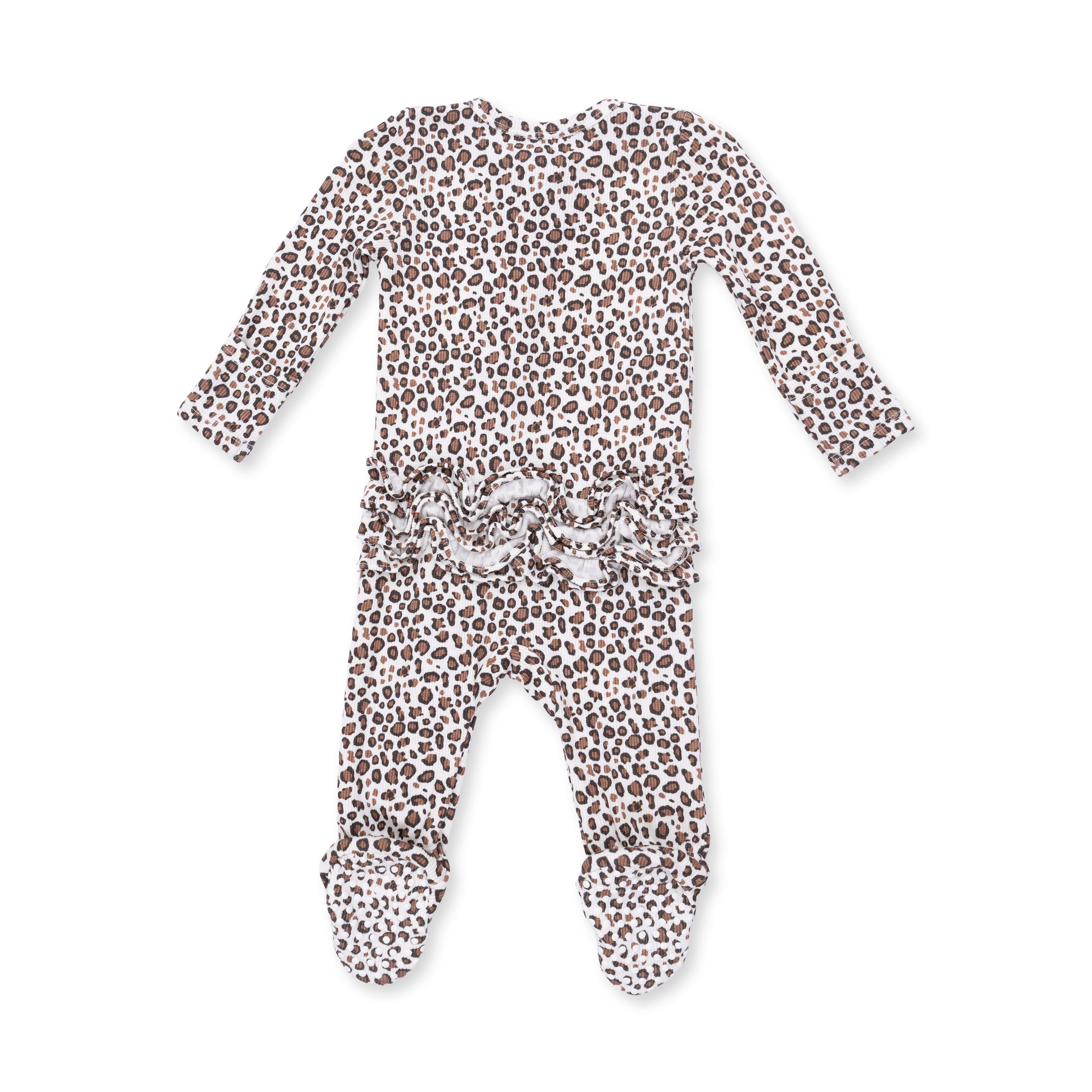 Leopard Rib - 2 Way Ruffle Back Zipper Footie