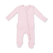 Solid Veiled Pink Rib - 2 Way Ruffle Back Zipper Footie