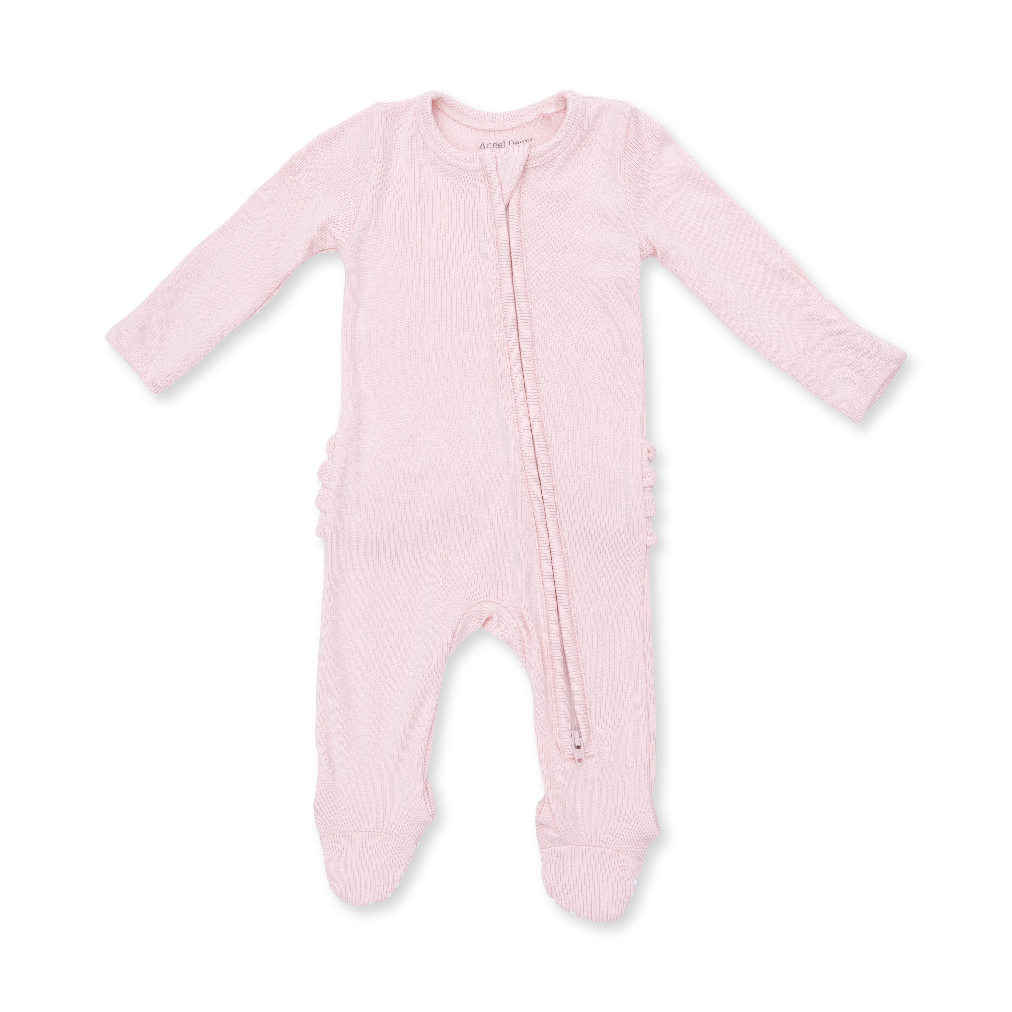 Solid Veiled Pink Rib - 2 Way Ruffle Back Zipper Footie