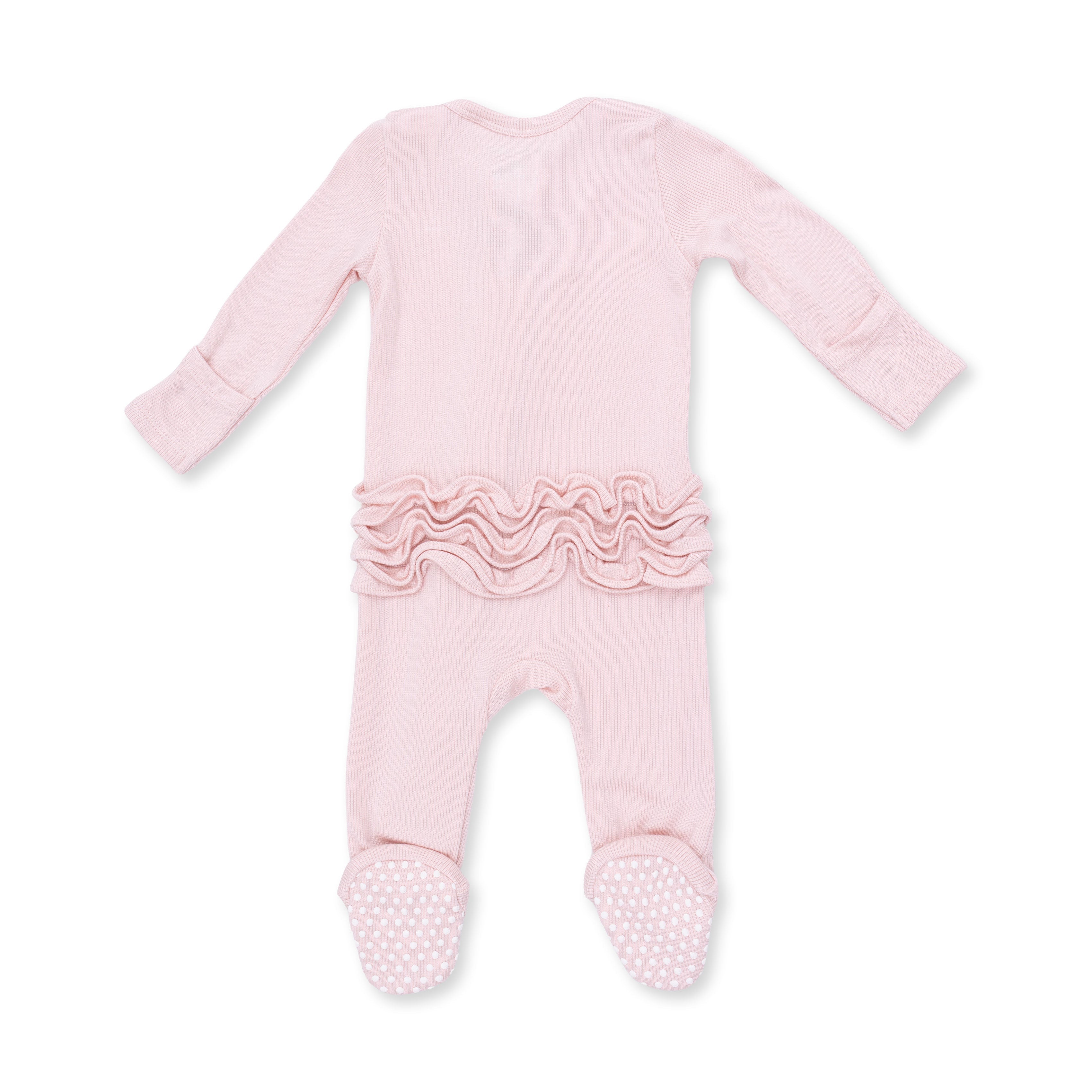 Solid Veiled Pink Rib - 2 Way Ruffle Back Zipper Footie