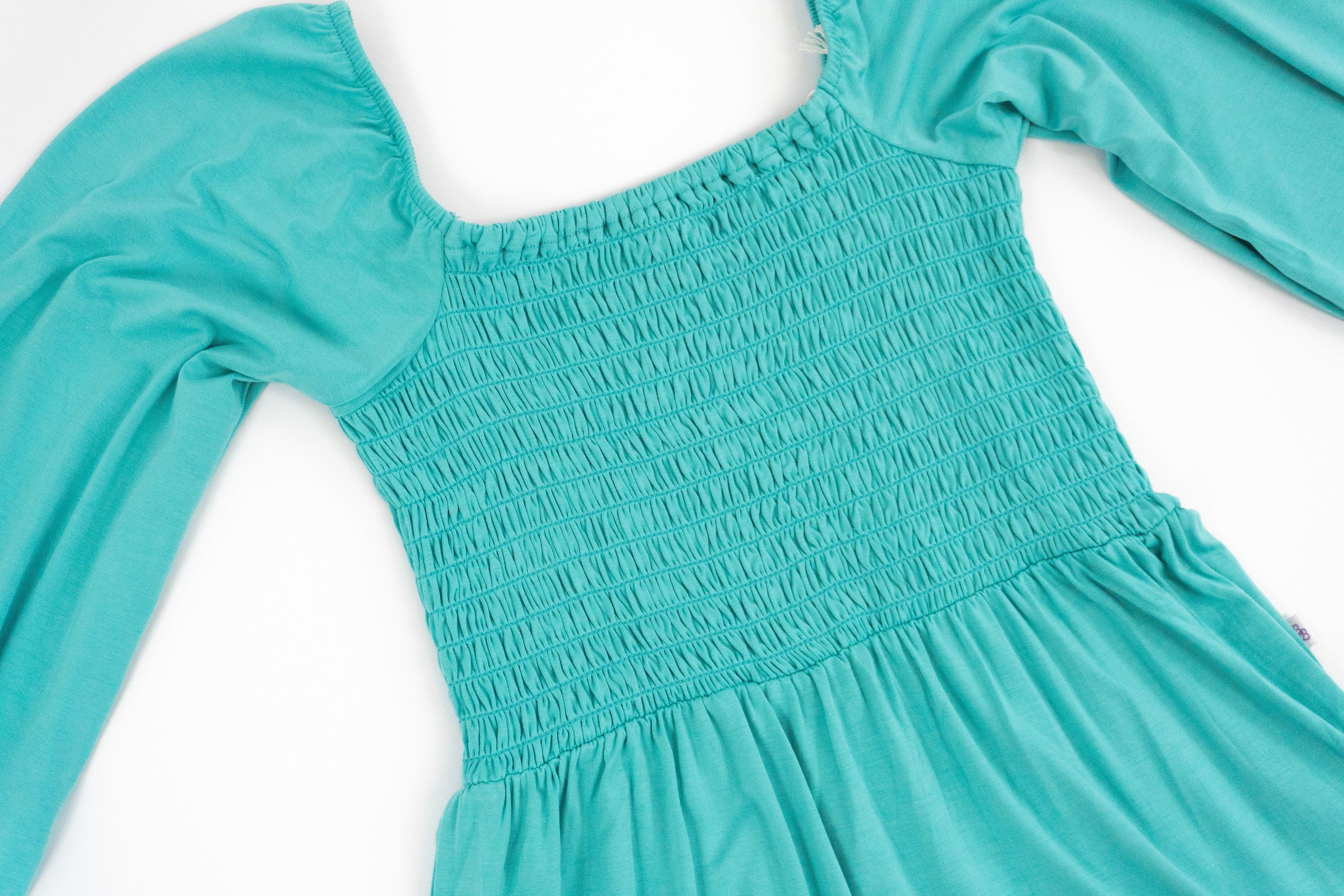 Turquoise | Adult Long Sleeve Smocked Dress