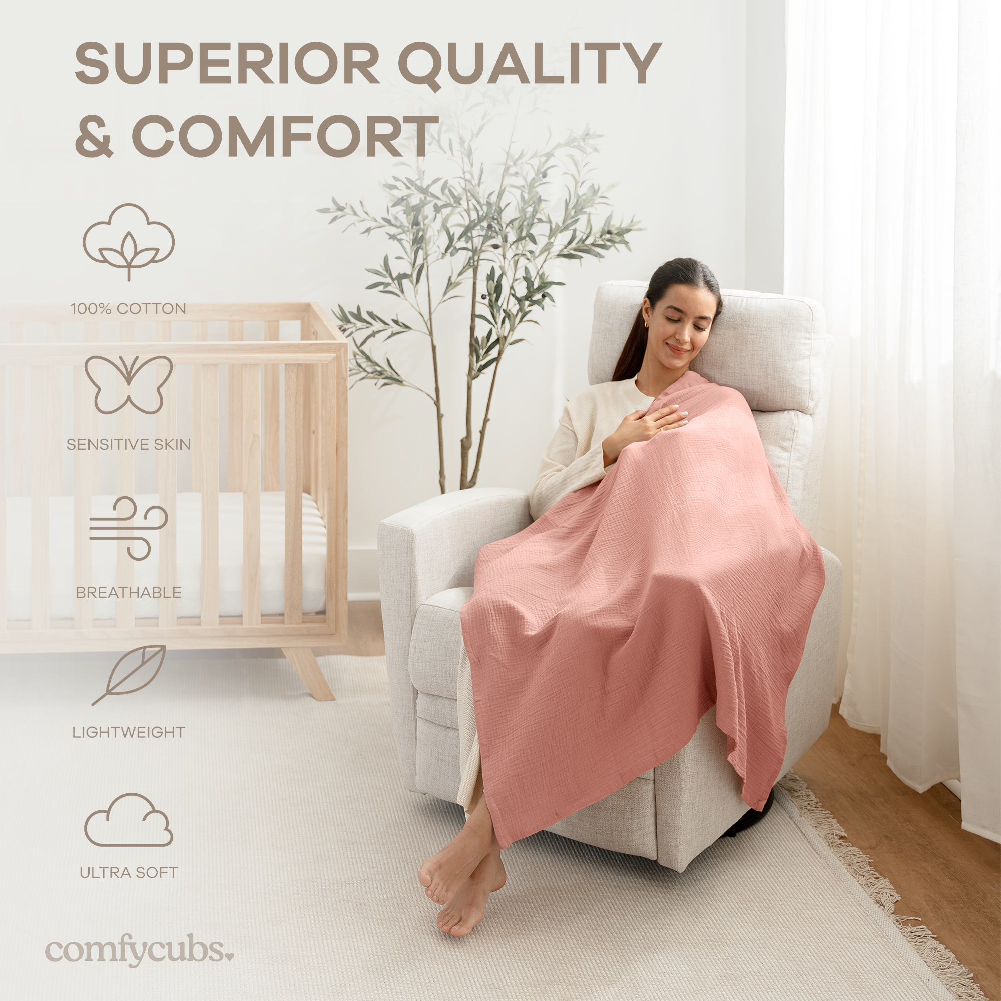 Muslin Swaddle Blankets, 42” x 42” (Blush, Bold Blush, Dusty Rose, Pack of 3)