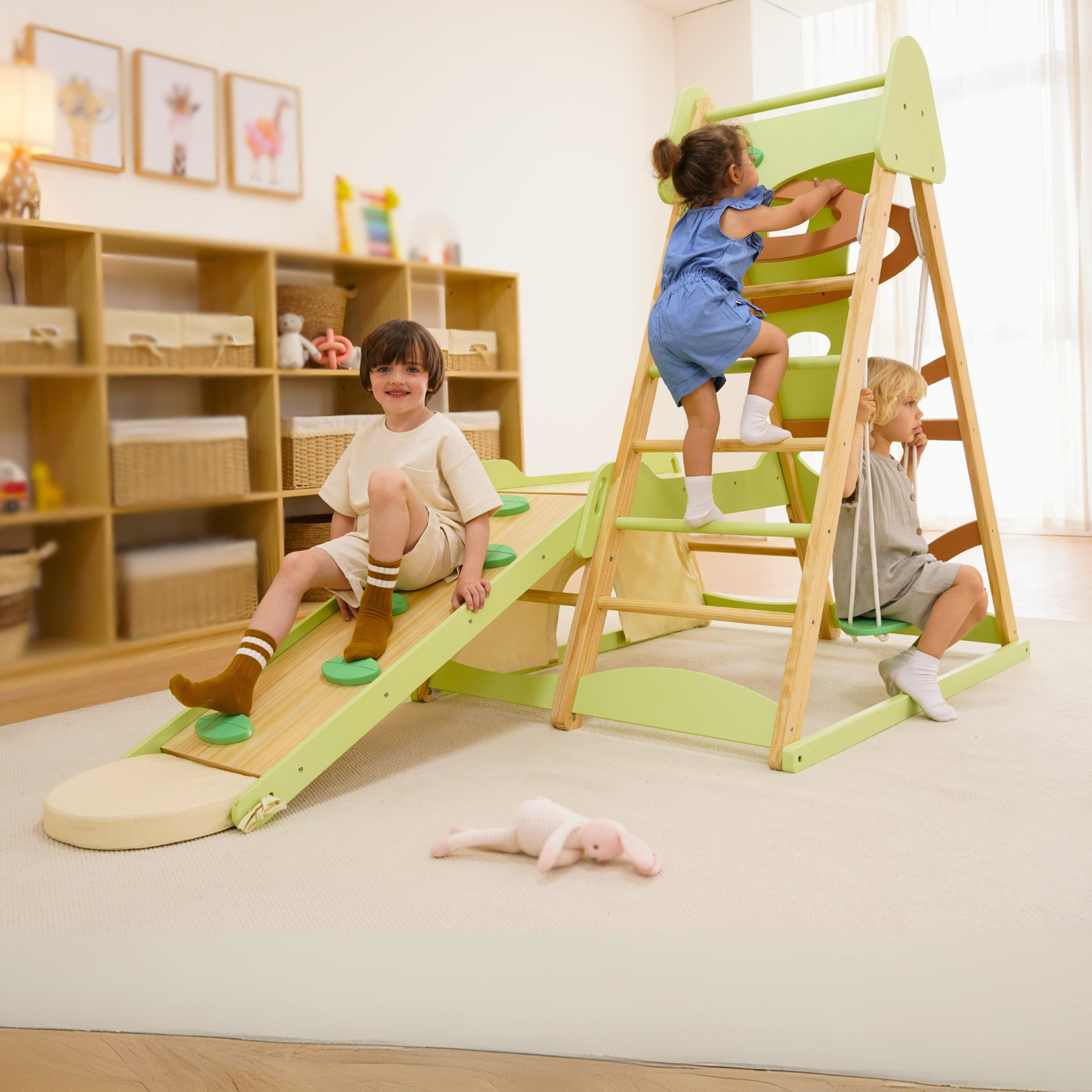 Avenlur Bush 6-in-1 Indoor Wooden Jungle Gym Climber – Montessori Toddler Playset with Slide, Rock Wall, Ladder & More
