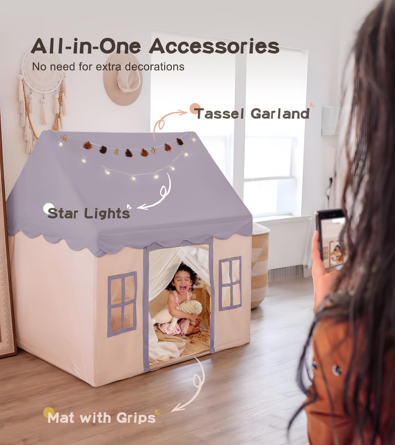 Kids Play Tent with Mat and Star Lights