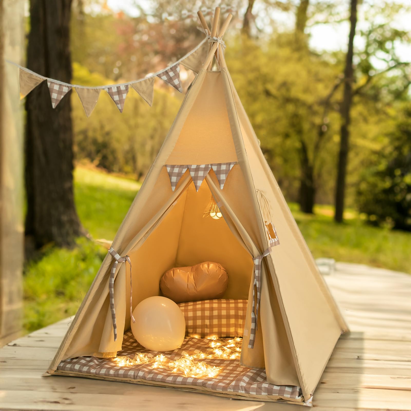 Kids Teepee Play Tent with Padded Mat and Lights