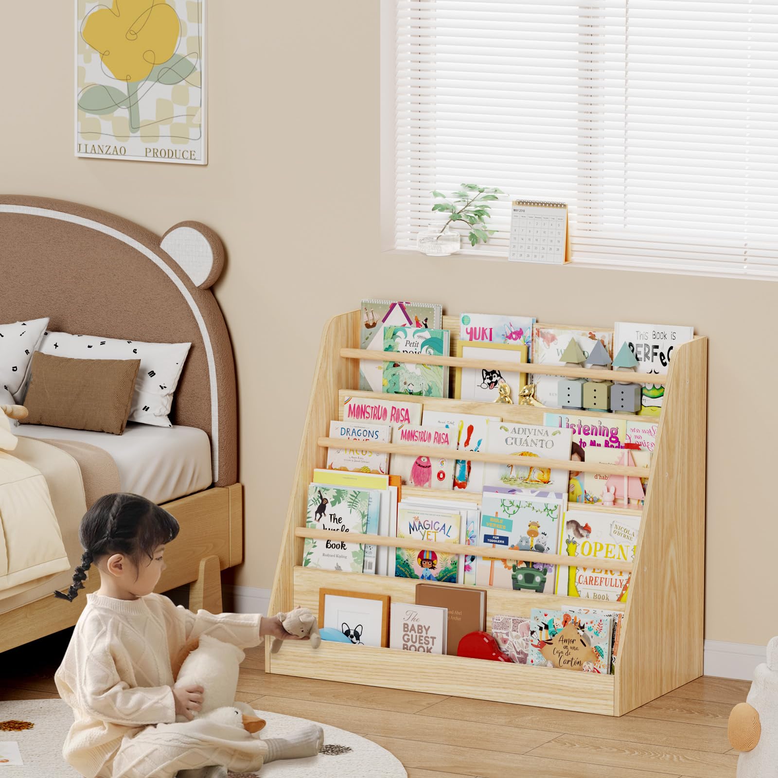 Kids Bookshelf,Kids Wooden 4 Tier Book Display Shelf,Montessori Bookcase Kid Room