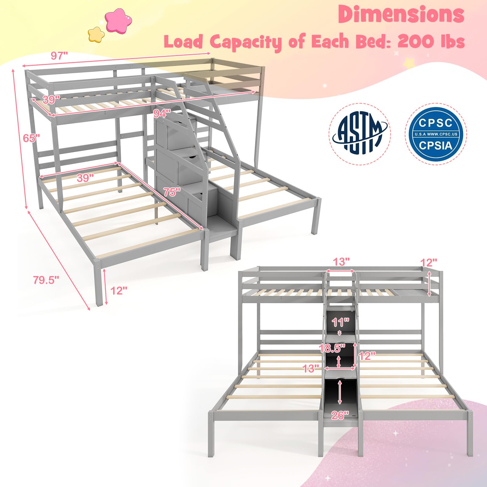 Triple Bunk Bed with Storage Staircase