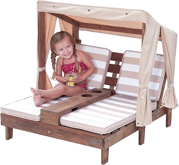 Wooden Outdoor Double Chaise Lounge with Cup Holders
