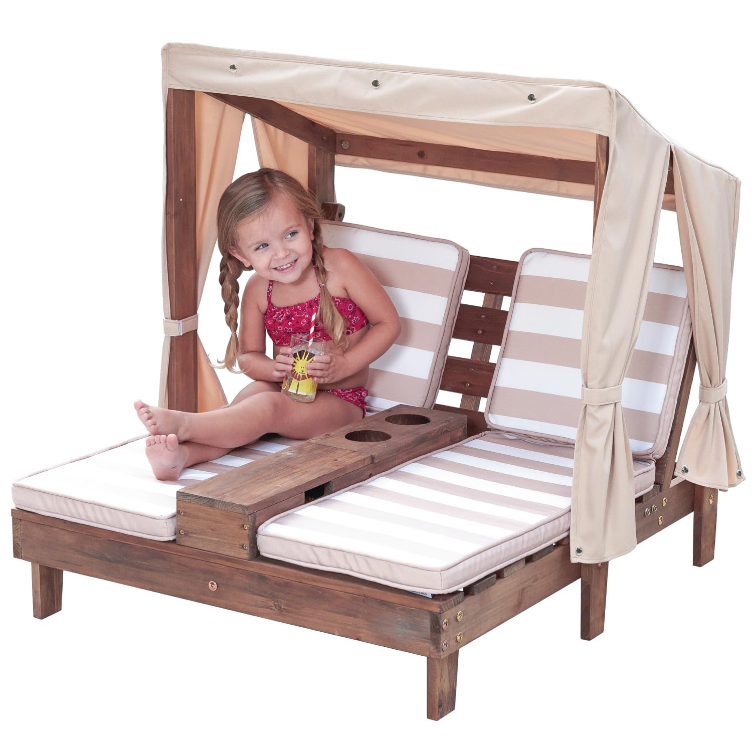 Wooden Outdoor Double Chaise Lounge with Cup Holders