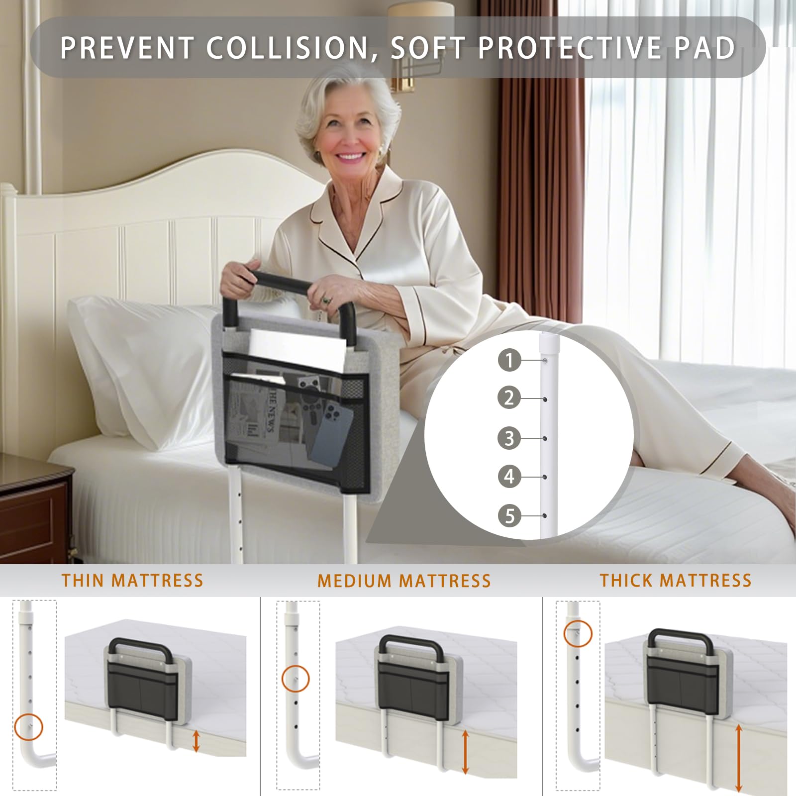 Padded Bed Rails for Elderly Adults with Storage Pocket
