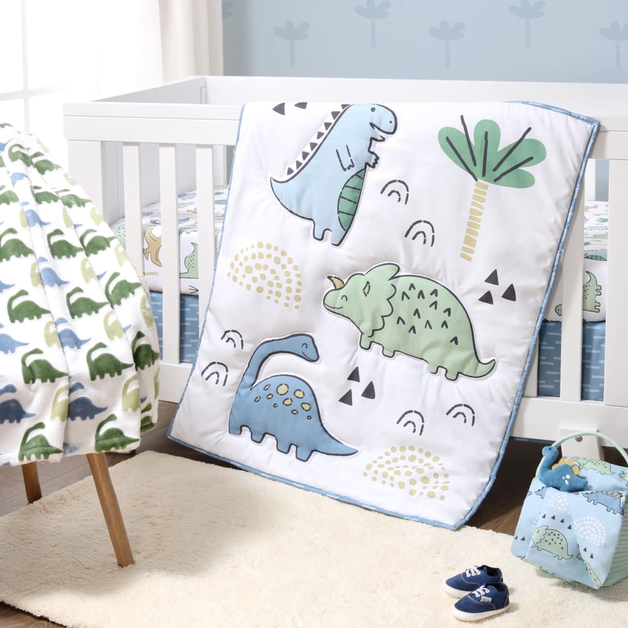 Blue Dino Nursery Crib Bedding Set 5 Piece