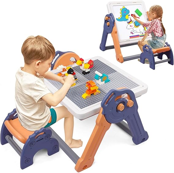Kids Easel, Toddler Table Foldable Easel with Building Block Table