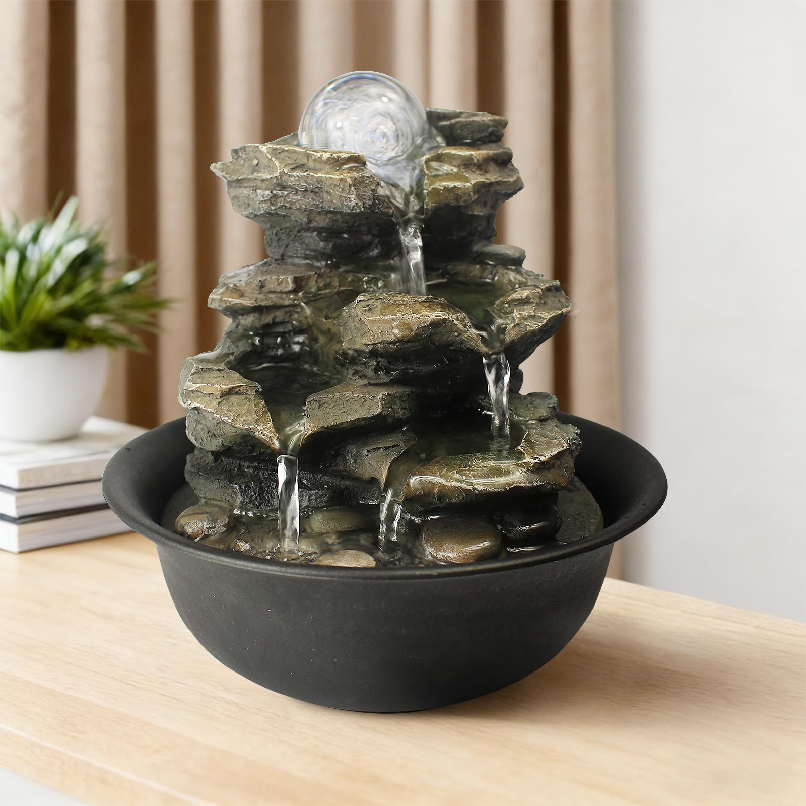 Spinning Orb Rock Cascading Tabletop Fountain with LED Light