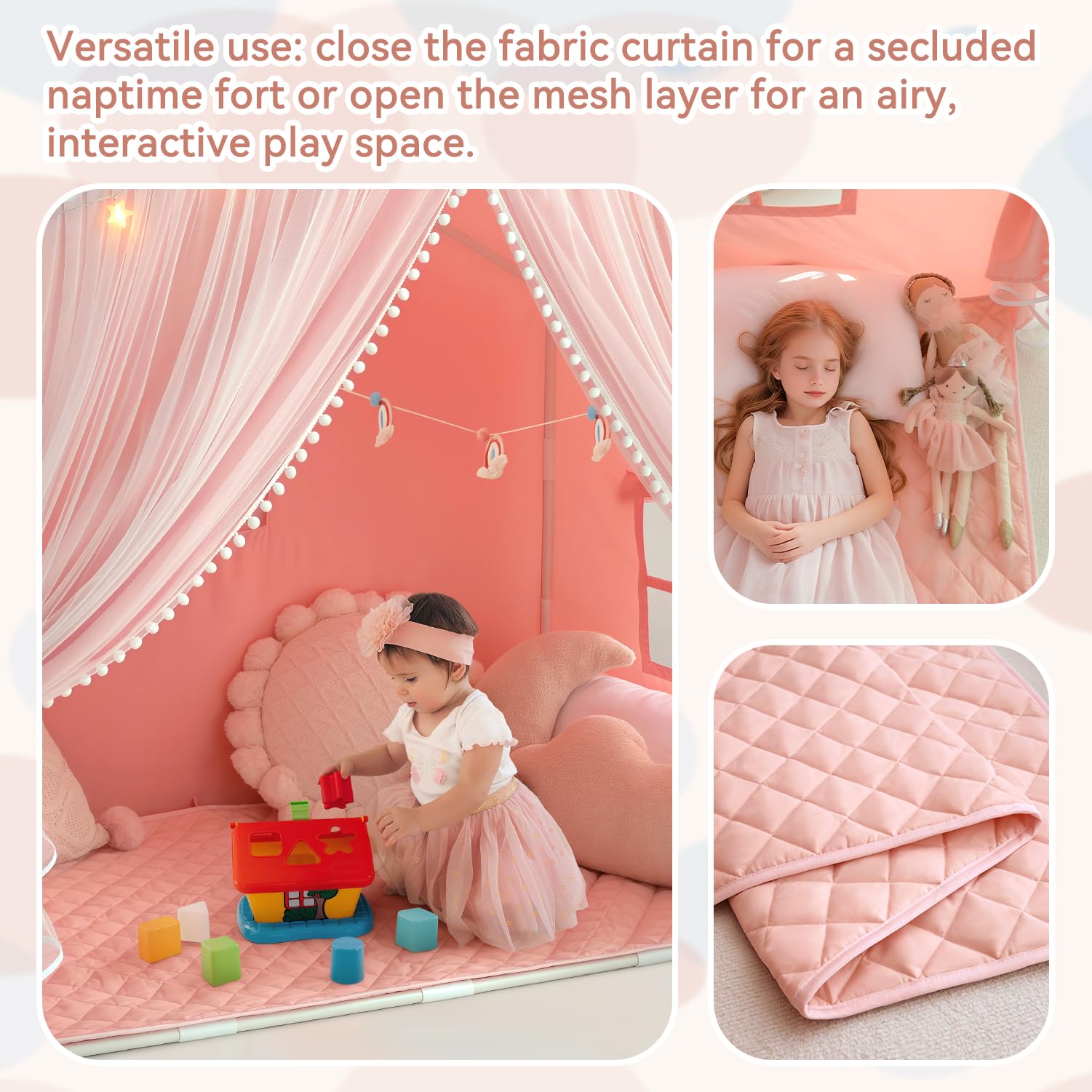 Princess Play Tent with Mat and Dual-Layer Curtain - Pink