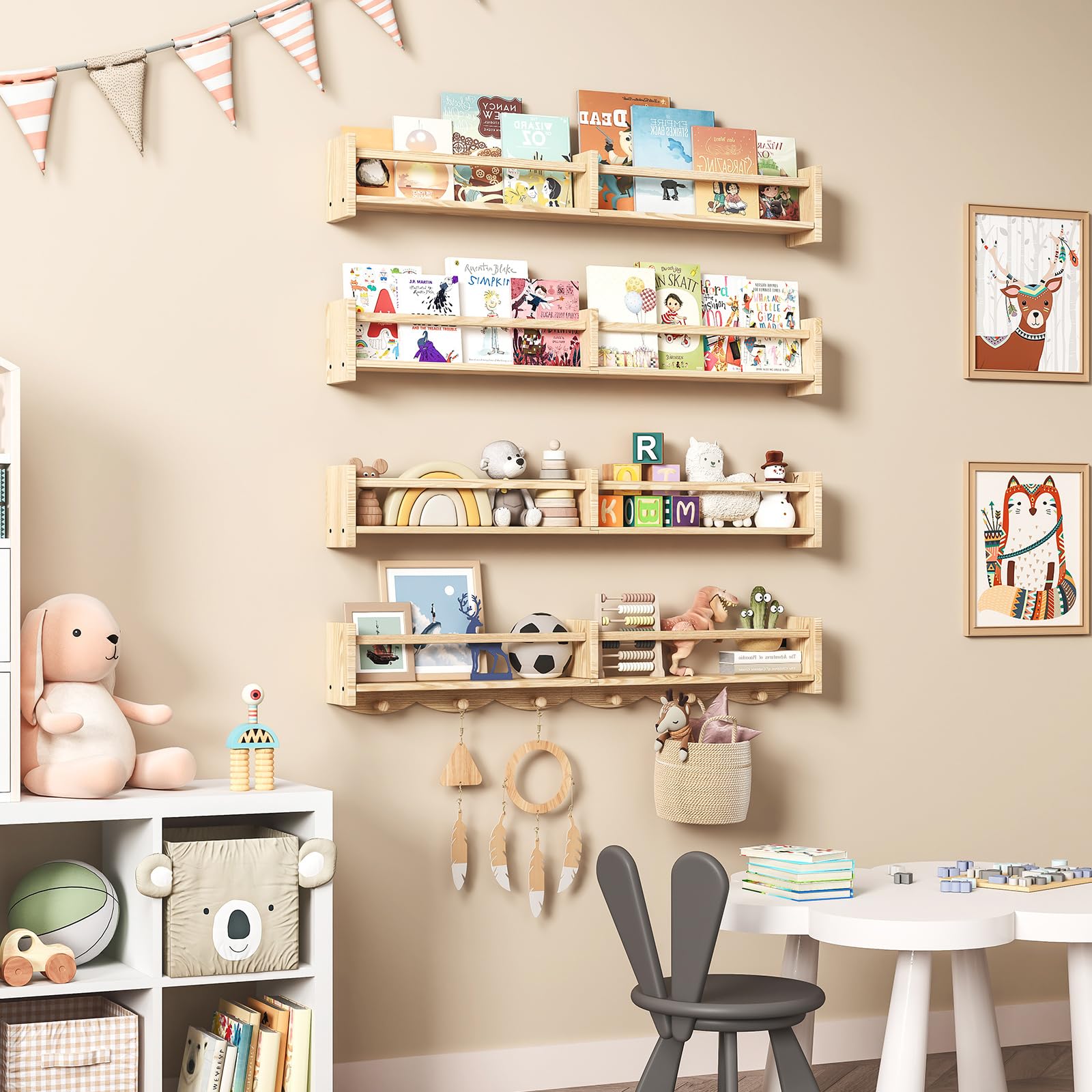 34Inch Nursery Bookshelves,Set of 4,Wall Floating Shelf Kids Coat Rack with 6Hooks
