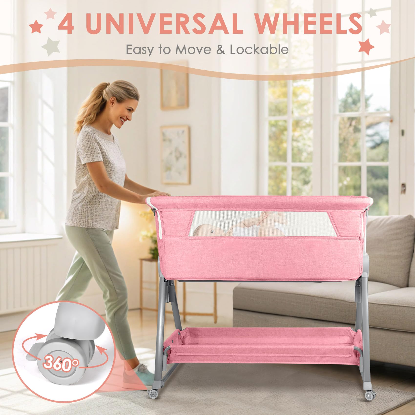 7-Height Adjustable Bedside Bassinet with Wheels and Storage