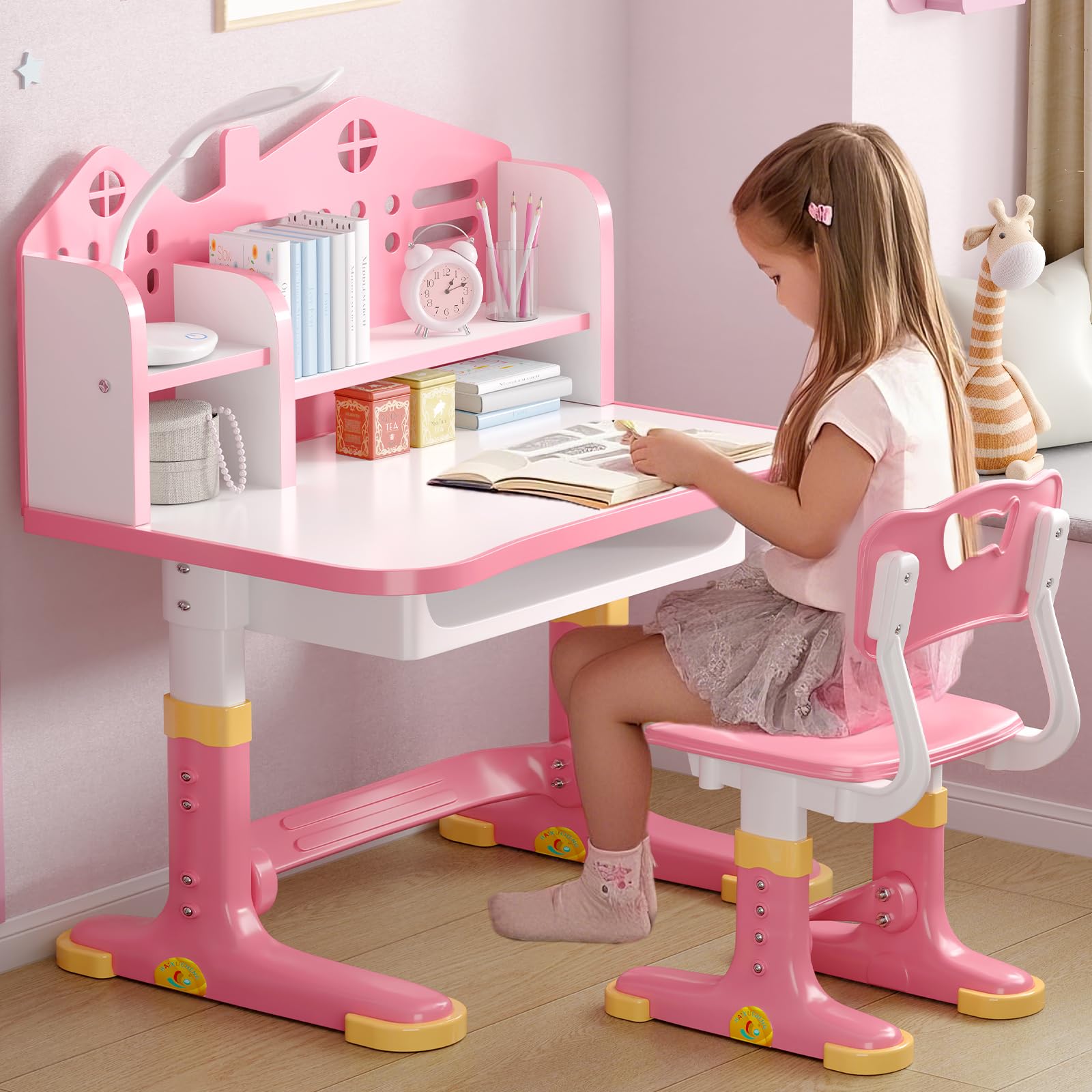 Height Adjustable Kids Desk and Chair Set with Storage
