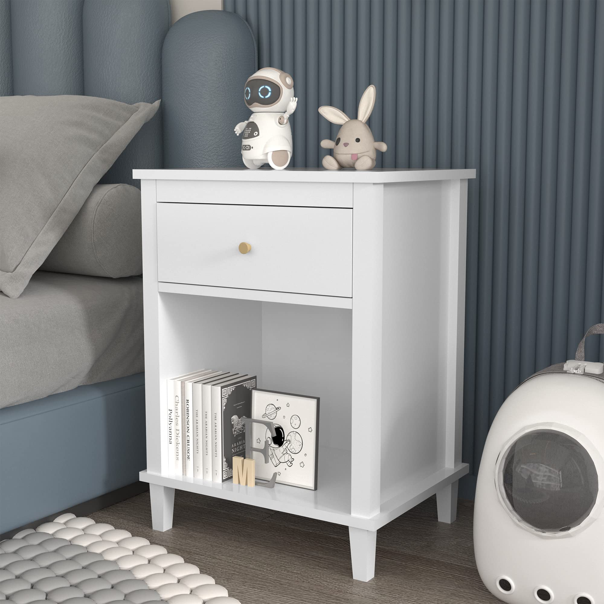 Kids Nightstand with Drawer and Storage Shelf