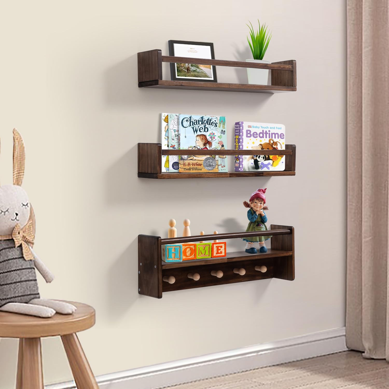 24 Inch Floating Bookshelf Wall Mount Set of 3 with Hooks
